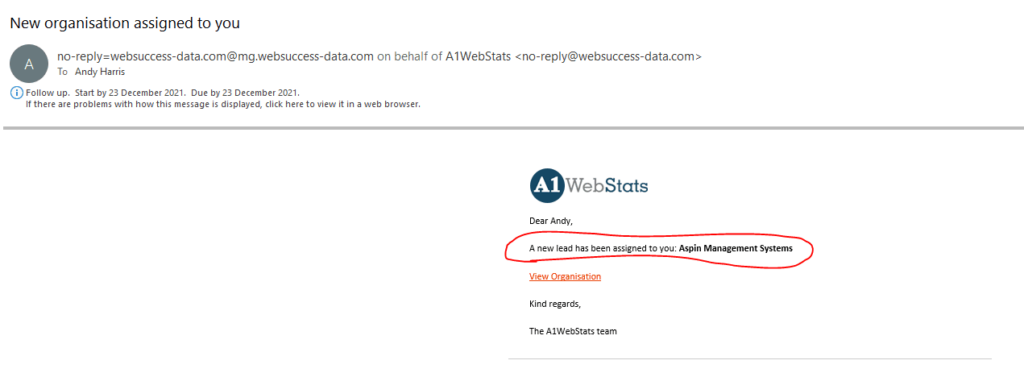 Image showing email confirming tracking is set up in A1WebStats