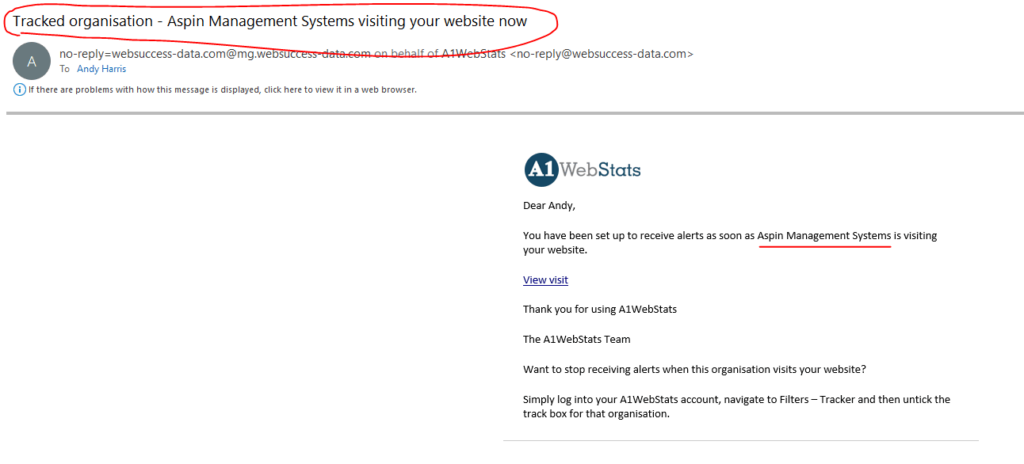 Example image of an email showing a company returning to a website