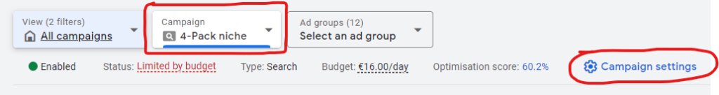 Image showing step 1 of changing Google Ads campaign settings to show the keyword within A1WebStats