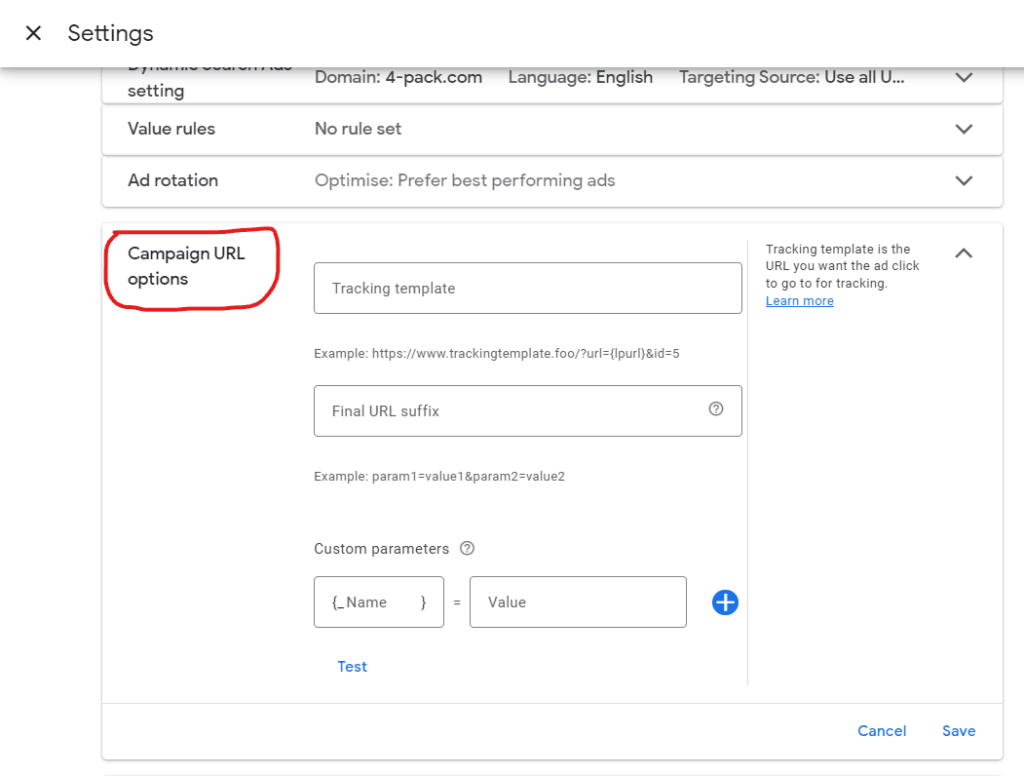 Image showing step 3 of changing Google Ads campaign settings to show the keyword within A1WebStats